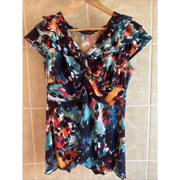 Susan Lawrence Sz Large Abstract Watercolor Floral Stretch Artsy Blouse Top - Picture 1 of 13